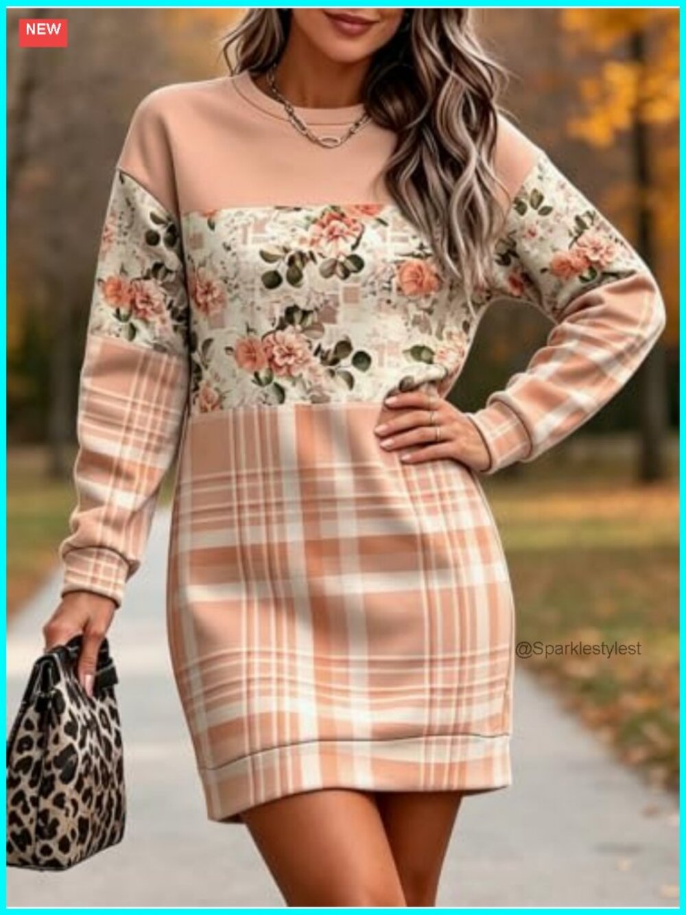 Women's Crew Neck Patchwork Floral Plaid Long Sleeve Sweatshirt
